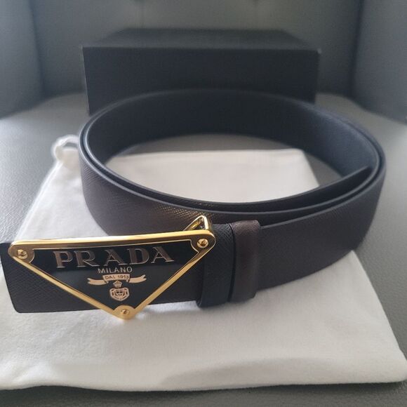 Prada Reversible Black/Brown Leather Belt with Gold Logo. Size 42 main image 3